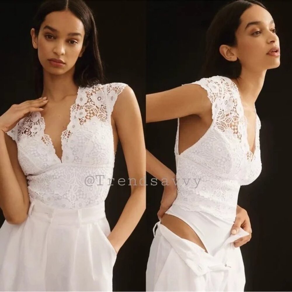 Anthropologie NEW The Alandra Cap-Sleeve Lace Bodysuit Size S White